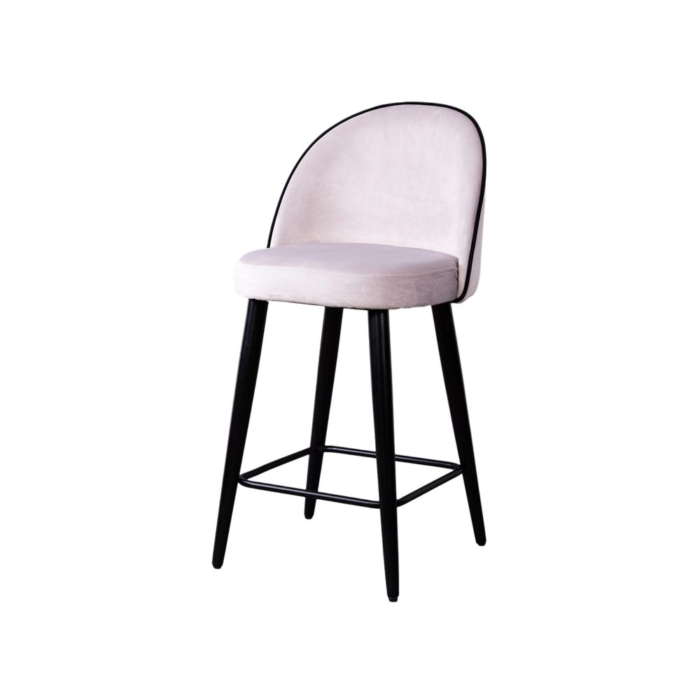 Bar stool with upholstered back, light pink, black frame