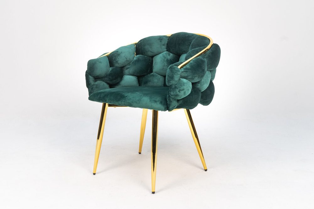 Armchair with deep quilting, emerald, gold legs