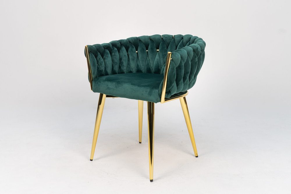 Armchair with woven back, emerald, gold legs