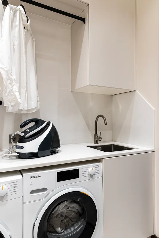 Laundry room: countertop and wall-mounted cabinets above appliances